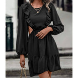 Solid Color Cutout Ruffled Patchwork Dress
