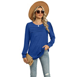 Solid Color U-Neck Pleated Long Sleeve T-Shirt