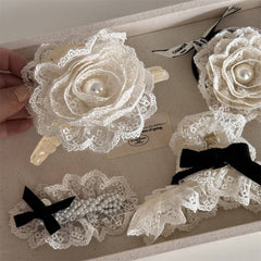 CREAMY WHITE LACE FLOWER PEARL BOW HAIRPIN_CWAHA4656