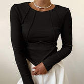 Solid-Color Split Long-Sleeved Round-Neck Top