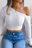 Women Eyelet One Off Shoulder Sexy Crop Knit Top_Cwoswl0445