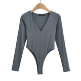 Tight Deep V-Neck Long-Sleeved One-Piece Top