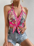 Vacation-Style Printed Knotted Halter Top