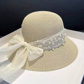 ELEGANT PEARL BOW TIE DECORATED STRAW HAT_CWAH1163
