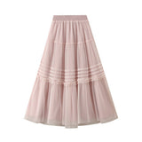Vintage Pleated Lace Trim Tulle Maxi Skirt_Cwbms0348