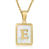 Cwaje1917_Square Stainless Steel White Shell Letter Necklace