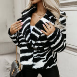 Zebra-Print Blazer Hairy-Cropped Zipper Collar