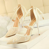 POINTED MESH LACE CROSS STRAP PUMPS_CWSHH0081