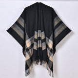 TASSEL TWO TONE STRIPED PLAID CARDIGAN CAPE SHAWL_CWASC0944