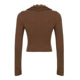 Vintage Wood Ear Trim V-Neck Long Sleeve T-Shirt