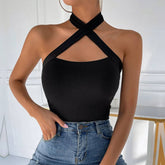 Solid Cross Neck Halter Top Sexy Slim Fit