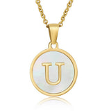 Cwaje1934_Round Stainless Steel White Shell Letter Necklace
