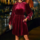 Velvet Semi High Neck Waist A Swing Short Dress