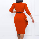 RUFFLED RETRO V NECK HIP HUGGING PENCIL DRESS_CWDSD6140