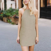 Solid Color Halter And Lace-Up A-Line Dress