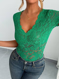 Solid-Color Lace V-Neck Short Sleeve Lace T-Shirt