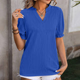 Solid Color V Neck Ear Of Wheat Short Sleeved Top_Cwtts0898