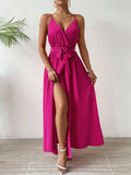 Solid Color Pleated Halter Dress Drawstring Waist