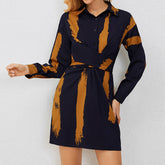 Striped Lapel Long Sleeve Slim Fit Waist Dress