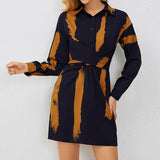 Striped Lapel Long Sleeve Slim Fit Waist Dress