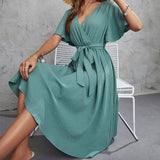 Solid Color V-Neck High-Waisted Mid-Length Dress