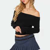 Solid-Colored One-Neck Long-Sleeved Sweater