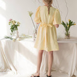 V-Neck Puffed Sleeve Cotton Linen Dress