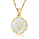 Cwaje1934_Round Stainless Steel White Shell Letter Necklace
