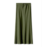 SATIN LONG SKIRT HIGH WAIST DRAWSTRING SKIRT_CWAB4792