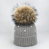 Women¡¯S Knit Beanie With Pearl & Fur Pom_Cwah04987