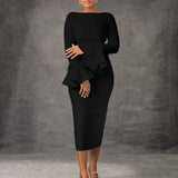 FASHION SOLID COLOR HIPWRAPPED FLARED SLEEVE DRESS_CWDMD3663