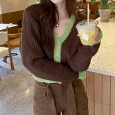 V-Neck Button Knit Cardigan Color Contrast Short