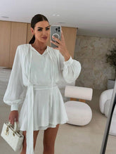 Solid-Color Long-Sleeved V-Neck Lace-Up Dress