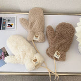 CUTE BEAR FLEECE MITTENS WARM NECK STRAP GLOVES_CWAG0178