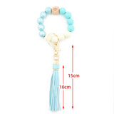 PRINTED WOOD BEAD BRACELET KEYCHAIN WITH TASSEL_CWMM7025