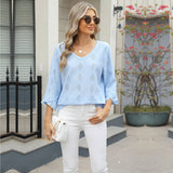 V-Neck Diamond Check Cutout Horn Sleeve T-Shirt