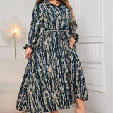 PLUS SIZE PRINTED DRESS POLO COLLAR LONG SLEEVE_CWDMD5969