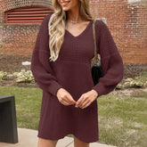 V-Neck Sweater Dress With Lantern Sleeves