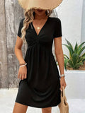 Twisted Pleated Chest Cinched Waist V-Neck Dress