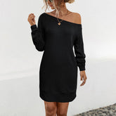 Solid Color Long-Sleeved Off-Shoulder Knit Dress