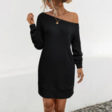 Solid Color Long-Sleeved Off-Shoulder Knit Dress