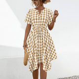 V-Neck Plaid Irregular Dress