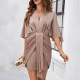 V Neck 3/4 Batwing Sleeve Ruffled Dress_Cwdsd3538