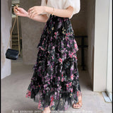 COLORFUL FLORAL MESH PRINT PLEATED TULLE SKIRT_CWBLS0399