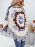 Womens Loose Long-Sleeved Knitted Tassel Cape