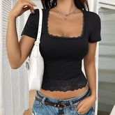 Y2K Solid Color Lace Patchwork Short Sleeve Shirt