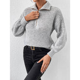 Solid Color Loose Casual Polo Neck Zip-Up Sweater
