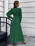 V Neck Long Sleeve Pleated Belted Midi Dress