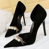 SHALLOW MOUTHED AND POINTED PEARL CHAIN HIGH HEELS_CWSHH0051
