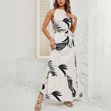 Stylish Printed Crew Neck Lace-Up Long Dress